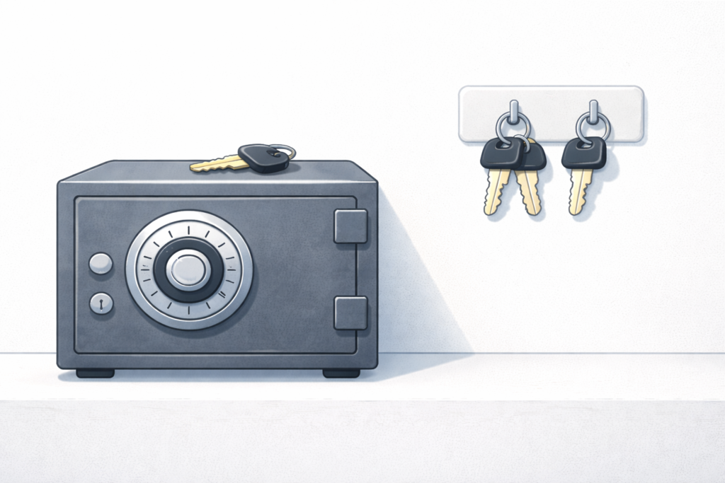 金庫のすぐ近くの壁に同じ鍵が2本掛けられ、さらに金庫の上にも鍵が置かれているイラスト