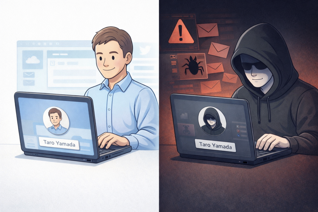 同じアカウント名が表示された2台のパソコンを並べ、片方は正規利用者、もう片方は不正利用者を示したイラスト