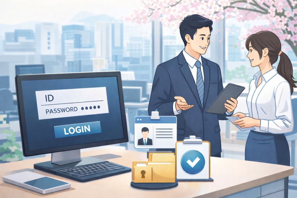 オフィスで新入社員と先輩社員が業務を行う様子と、ID・パスワード入力画面やセキュリティ管理を示すイラスト